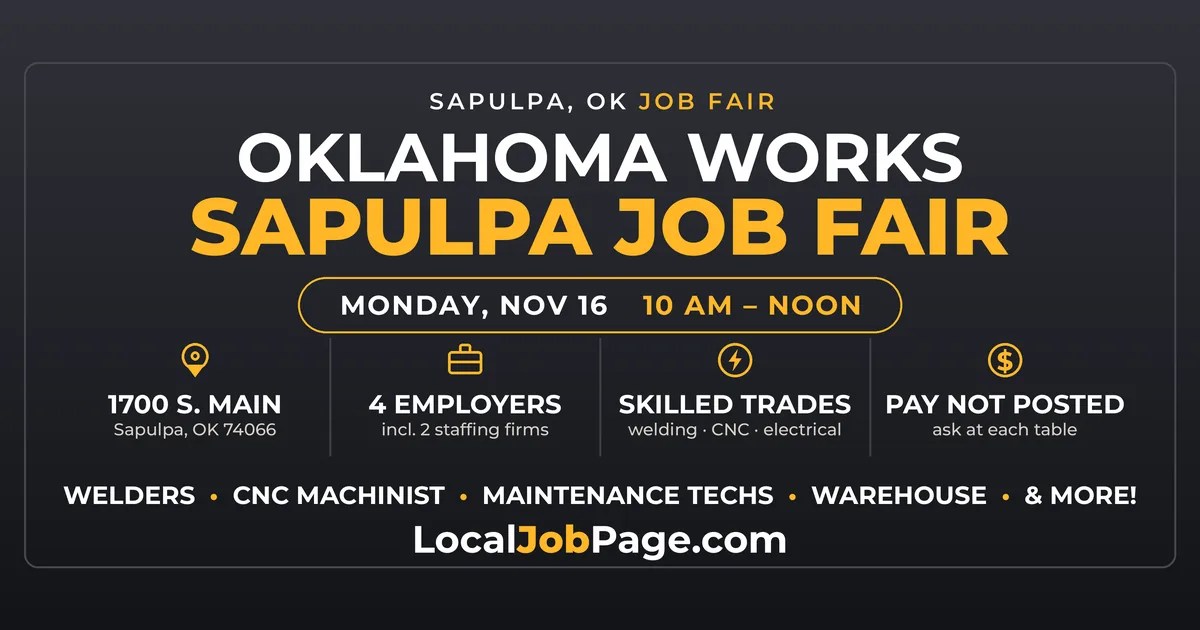 Sapulpa Job Fair Nov. 16: Welders, CNC and Warehouse Jobs at Oklahoma Works